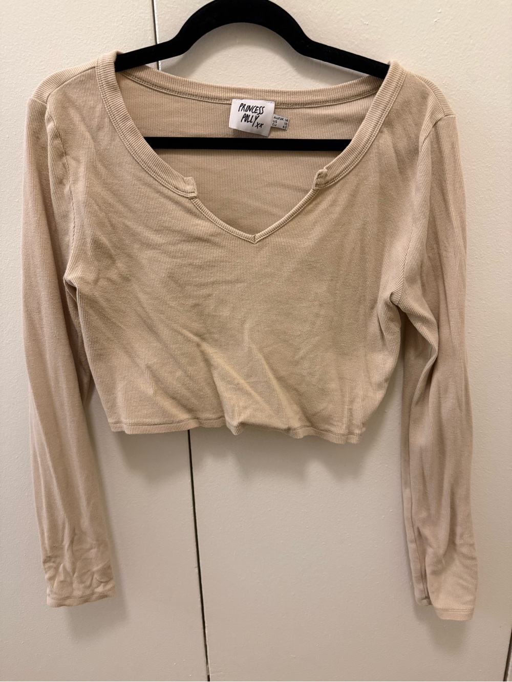 Princess Polly Neutral Beige V-Neck Ribbed Long Sleeve Crop Top